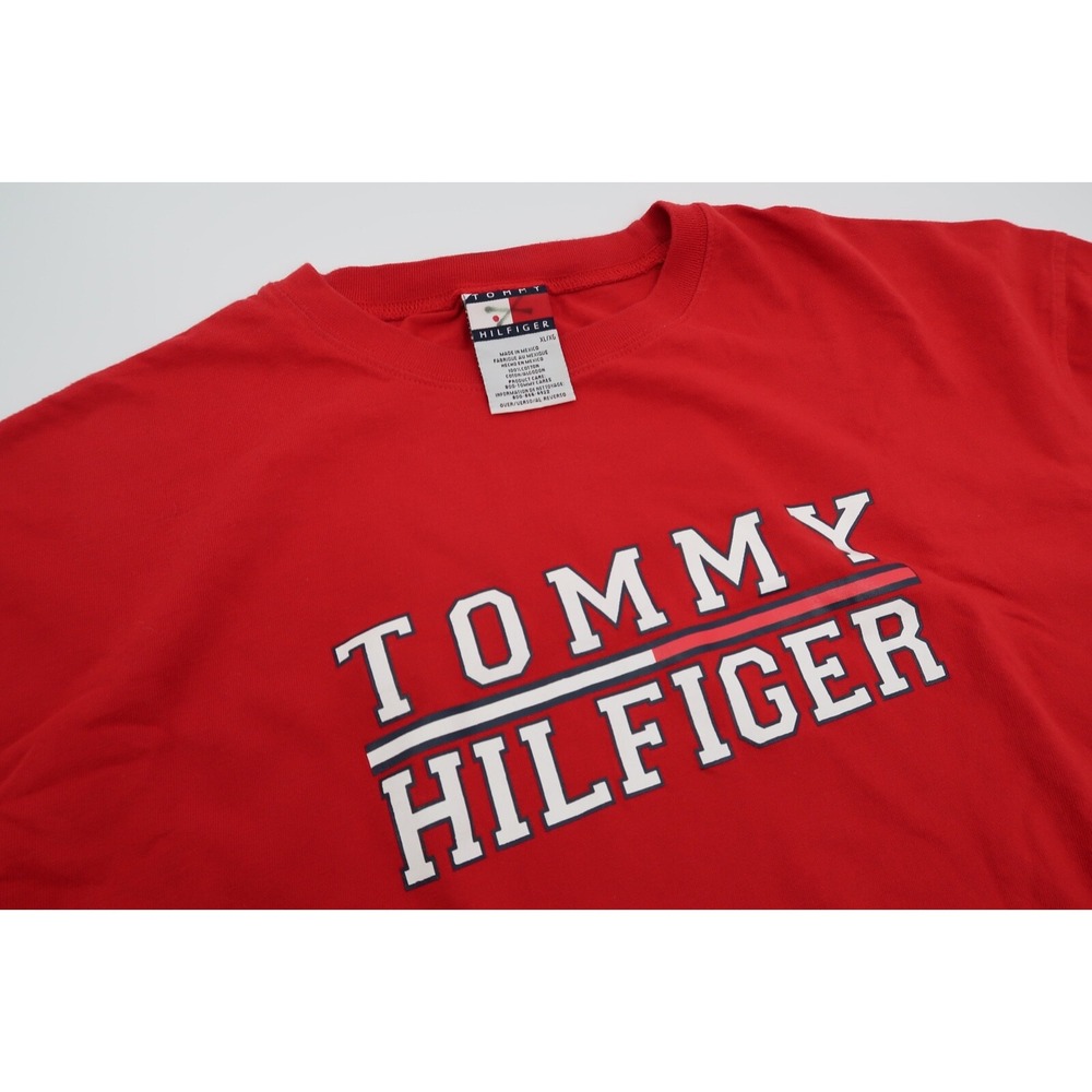 Vintage Tommy Hilfiger Mens XL Spellout Flag T Shirt Red Short Sleeve Tee